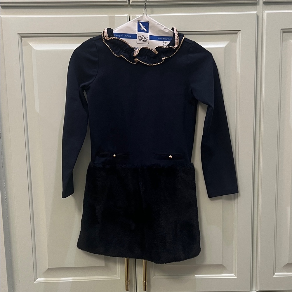 Charming Navy Long Sleeve Dress with Faux Fur Skirt